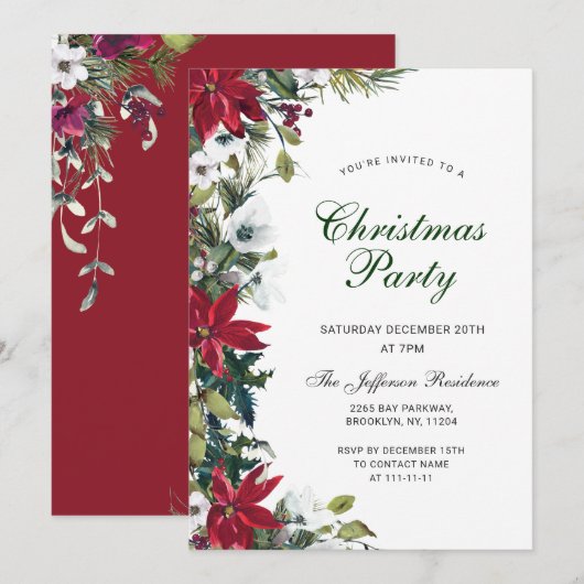 お祭り気分の赤いポインセチアのクリスマス パーティー 招待状 (正面/裏面)
