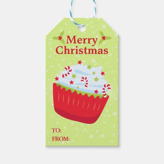 お祭り気分の赤と緑のクリスマスカップケーキ ギフトタグ (正面)