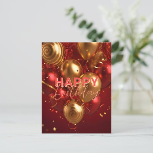 お祭り気分の赤と金の風船の誕生日お祝い ポストカード (スタンド正面)