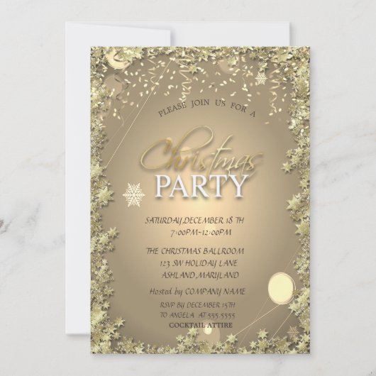 お祭り気分の金色の星の会社のクリスマス・パーティ 招待状 (正面)