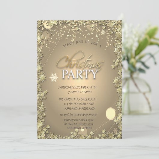 お祭り気分の金色の星の会社のクリスマス・パーティ 招待状 (スタンド正面)