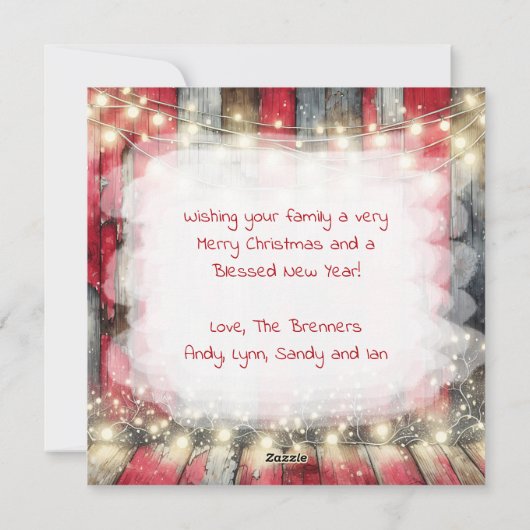 お祭り気分の馬と赤い農村の納屋のクリスマス シーズンカード (裏面)