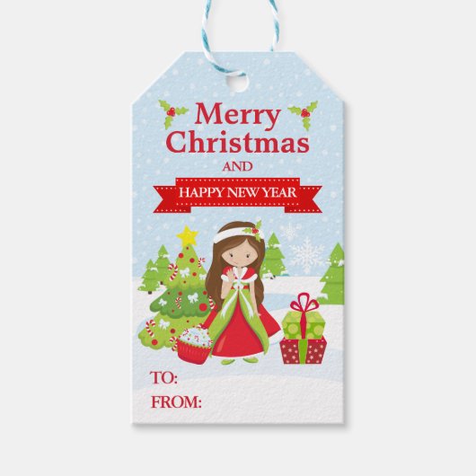 お祭り気分の黒髪のクリスマスプリンセス ギフトタグ (正面)