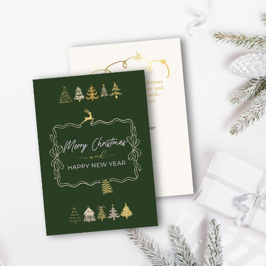 お祭り気分を添えたおしゃれな木のイラストとリボンのグリーンホリデーカード シーズンカード