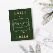 お祭り気分を添えたおしゃれな木のイラストとリボンのグリーンホリデーカード シーズンカード