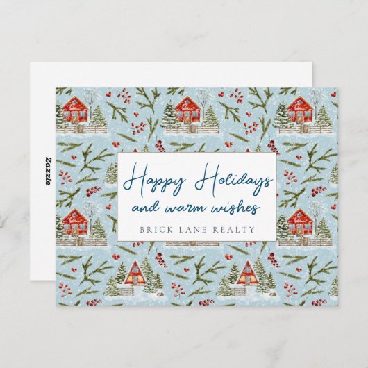 お祭り気分を満喫できるコージーなキャビン ホリデーシーズンおめでとう 不動産 シーズンカード (正面/裏面)
