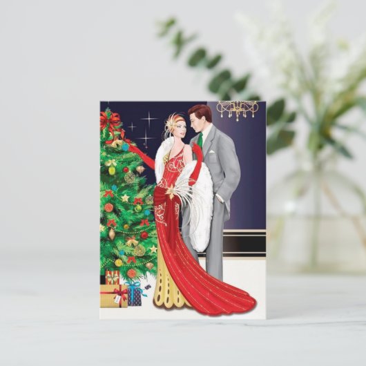 お祭り気分を盛り上げるアートデコのレトロなビンテージカップル シーズンポストカード (スタンド正面)