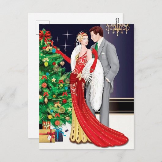 お祭り気分を盛り上げるアートデコのレトロなビンテージカップル シーズンポストカード (正面/裏面)