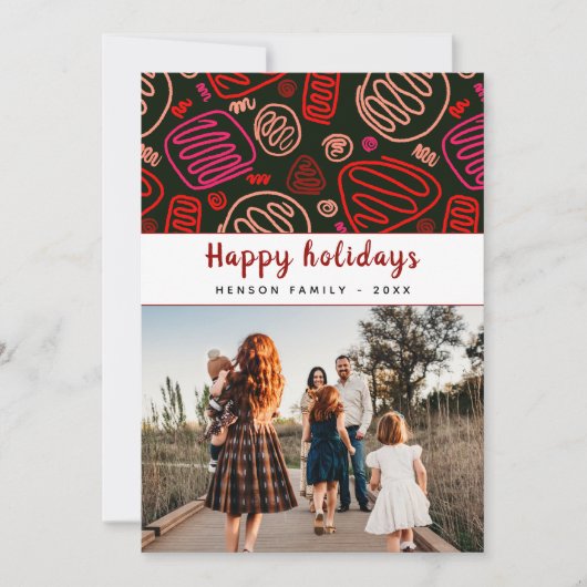 お祭り気分を高める 赤いワンラインアートのクリスマス家族写真 シーズンカード (正面)