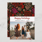 お祭り気分を高める 赤いワンラインアートのクリスマス家族写真 シーズンカード (正面/裏面)