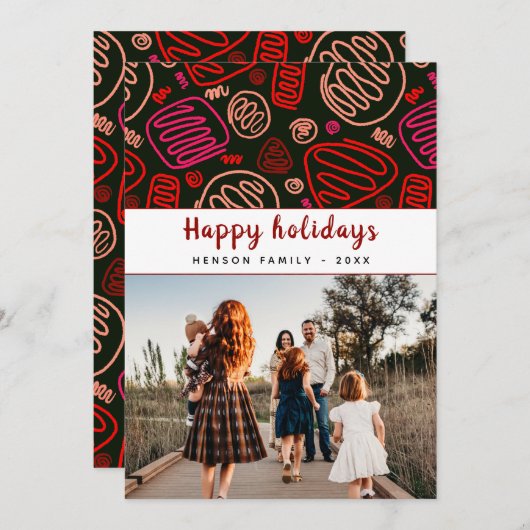 お祭り気分を高める 赤いワンラインアートのクリスマス家族写真 シーズンカード (正面/裏面)