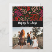 お祭り気分を高める 赤いワンラインアートのクリスマス家族写真 シーズンカード (正面)