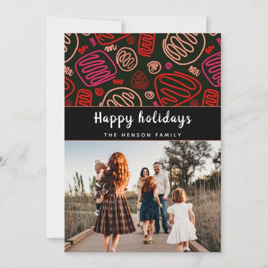 お祭り気分を高める 赤いワンラインアートのクリスマス家族写真 シーズンカード (正面)