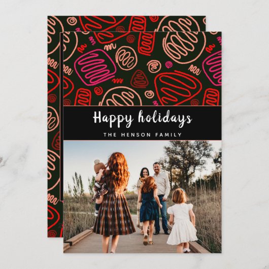 お祭り気分を高める 赤いワンラインアートのクリスマス家族写真 シーズンカード (正面/裏面)