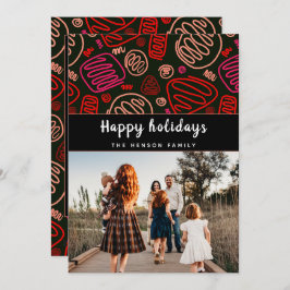 お祭り気分を高める 赤いワンラインアートのクリスマス家族写真 シーズンカード