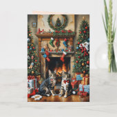 お祭り気分満載のインテリアの部屋、暖炉、猫たち、ヴィンテージ風 カード (裏面)