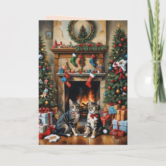 お祭り気分満載のインテリアの部屋、暖炉、猫たち、ヴィンテージ風 カード (裏面)