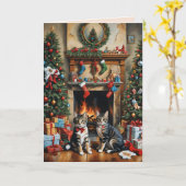 お祭り気分満載のインテリアの部屋、暖炉、猫たち、ヴィンテージ風 カード (黄色い花)