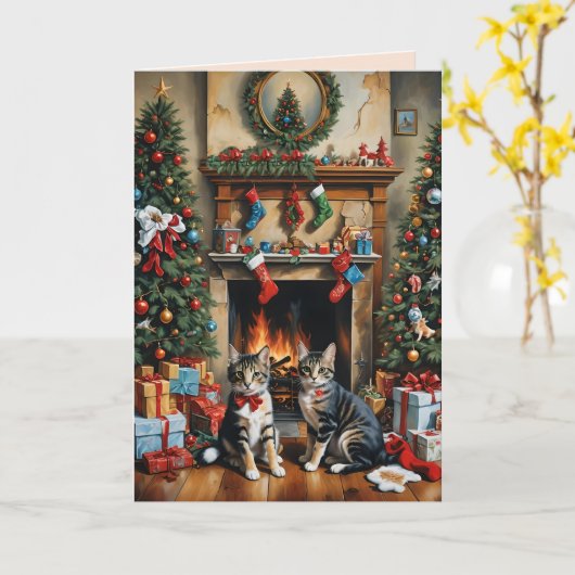 お祭り気分満載のインテリアの部屋、暖炉、猫たち、ヴィンテージ風 カード (黄色い花)