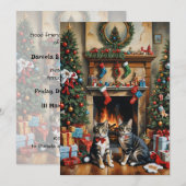 お祭り気分満載のインテリアの部屋、暖炉、猫たち、ヴィンテージ 招待状 (正面/裏面)