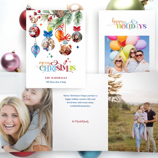お祭り気分満載のクリスマスツリーとオーナメント4枚写真 三つ折りカード