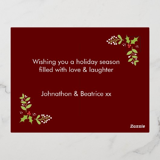 お祭り気分満載のクリスマス　ローズゴールド　バーガンディ 箔シーズンポストカード (裏面)