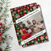 お祭り気分満載のチェック柄と雪の結晶のホリデーカード シーズンカード