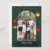 お祭り気分満載のホリデーグリーン&ゴールドエレガントファミリー シーズンカード (正面)