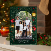 お祭り気分満載のホリデーグリーン&ゴールドエレガントファミリー シーズンカード