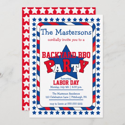 お祭り気分満載の星条旗スタイルのレイバー・デイBBQ 招待状 (正面/裏面)