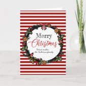 お祭り気分満載の赤いストライプのホリーワreath メリークリスマス カード (正面)