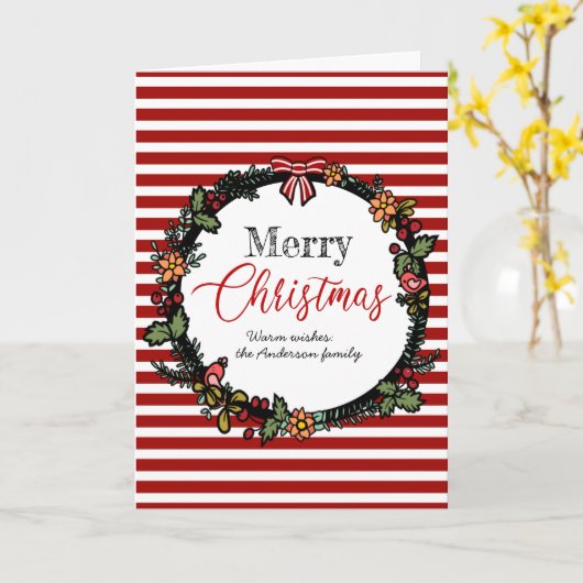 お祭り気分満載の赤いストライプのホリーワreath メリークリスマス カード (黄色い花)