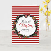 お祭り気分満載の赤いストライプのホーリー・リース　メリークリスマス カード (黄色い花)