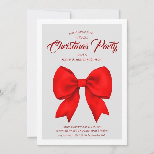 お祭り気分満載の赤いリボン　クリスマスホリデーパーティー 招待状 (正面)