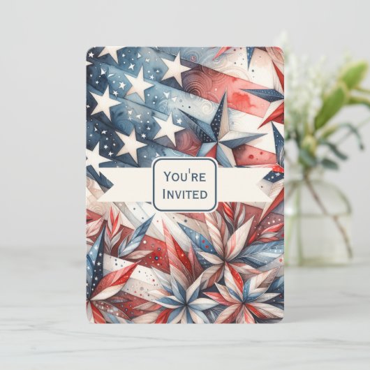 お祭り気分満載の赤白青パーティー招待状 招待状 (スタンド正面)