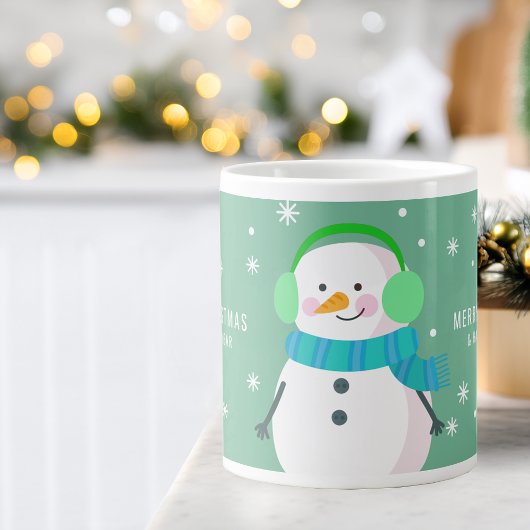 お祭り気分満載の雪だるまの雪の結晶が可愛いクリスマスと新年のお祝い ジャンボコーヒーマグカップ