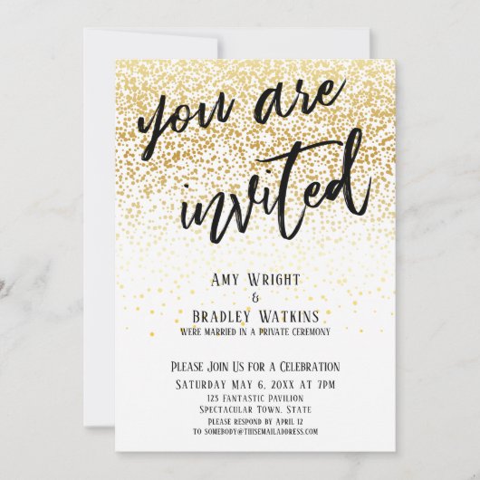 お祭り気分満載!あなたをお招きします ゴールドのコンフェッティ レセプション 招待状 (正面)