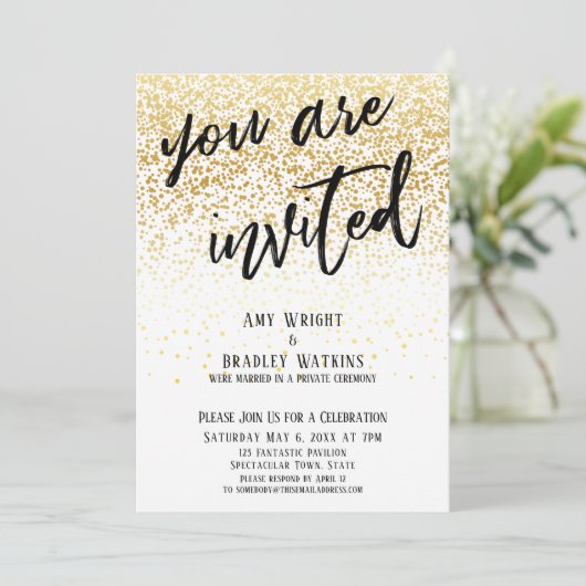 お祭り気分 あなたを歓迎 ゴールドのコンフェッティ レセプション 招待状 (スタンド正面)