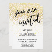 お祭り気分 あなたを歓迎 ゴールドのコンフェッティ レセプション 招待状 (正面/裏面)