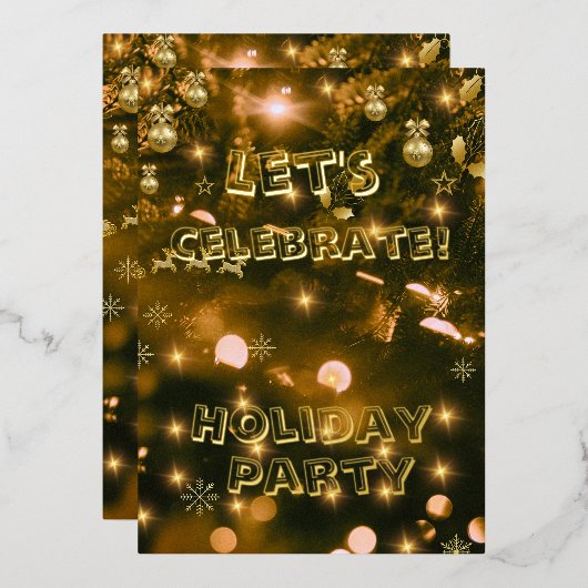 お祭り的なホリデーパーティーの招待状(ブラックとゴールド) 箔シーズンカード (正面/裏面)
