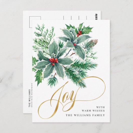 お祭り的なホリーデー・ベリーのクリスマス・グリーティング ポストカード (正面/裏面)