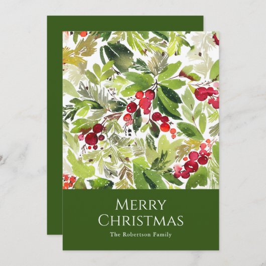 お祭り的なホリーデー Berry と常緑の水彩  シーズンカード (正面/裏面)