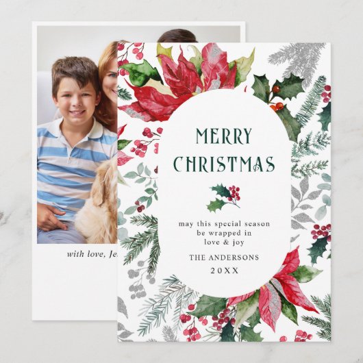 お祭り的なポインセチアのクリスマスミスルトゥーの写真 シーズンカード (正面/裏面)