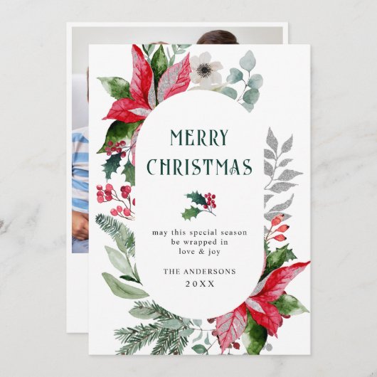 お祭り的なポインセチアのクリスマスミスルトゥーの写真 シーズンカード (正面/裏面)