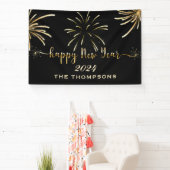 お祭り的な花火が輝く新年のブラックとゴールド 横断幕 (インサイチュ)