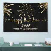 お祭り的な花火で楽しい新年 ブラックとゴールド 横断幕 (トレードショー)