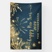 お祭り的な花火で楽しい新年 ブルーとゴールド 横断幕 (縦)