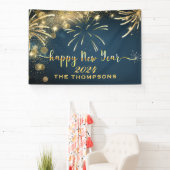 お祭り的な花火で楽しい新年 ブルーとゴールド 横断幕 (インサイチュ)