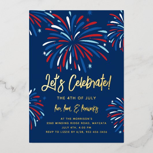 お祭り花火 お祭り感あふれる独立記念日パーティー 本物の金 箔招待状 (正面)