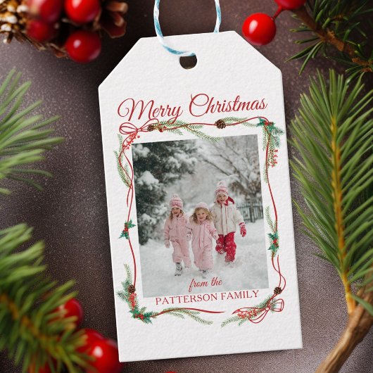 お祭り 赤いリボン枠 -1 写真 白いクリスマス ギフトタグ